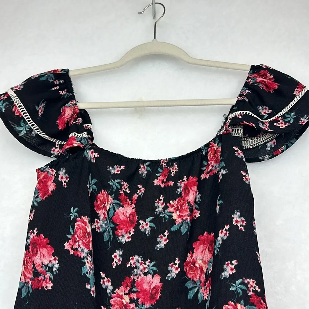 Lily White Top Womens Blouse Ruffle Black Floral Sz M - Image 5