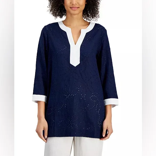 NWT Charter Club Luxury 100% Linen Tunic Blouse Women’s‎ Size XL Navy Blue - Image 3