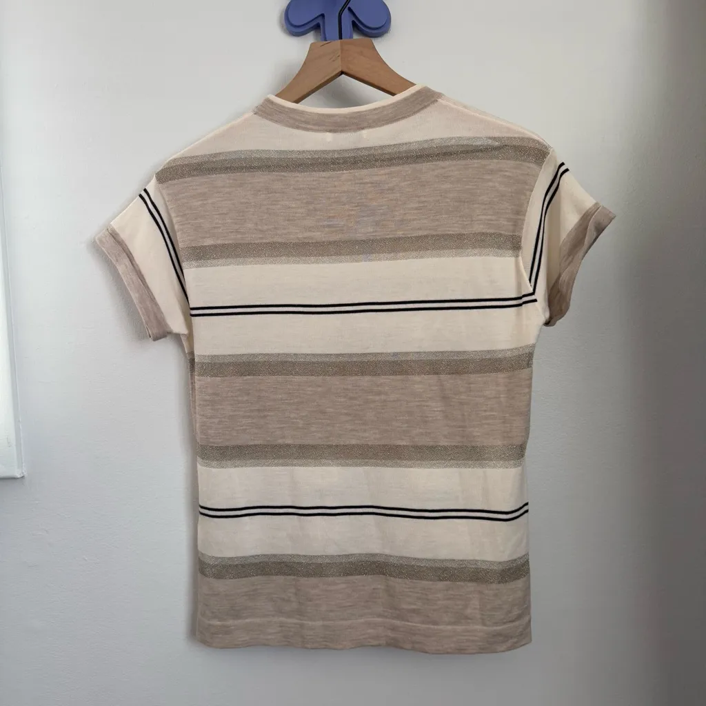 Brunello Cucinelli XS Stripe Metallic Knit T-Shirt Virgin Wool Cashmere Beige - Image 7