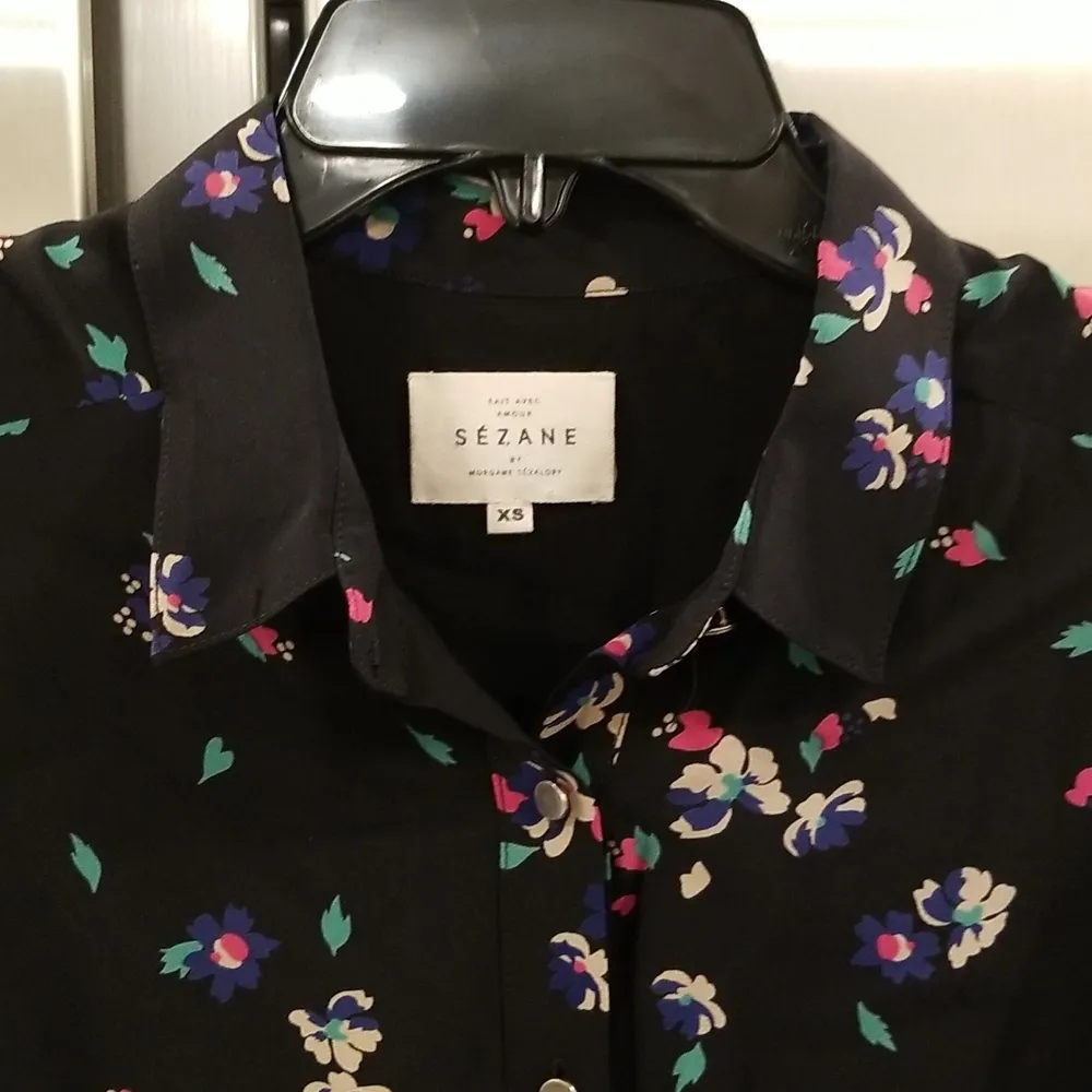 💕SEZANE💕 100% Silk Button Down Shirt Dress ~ Black Floral Print XS - Image 9