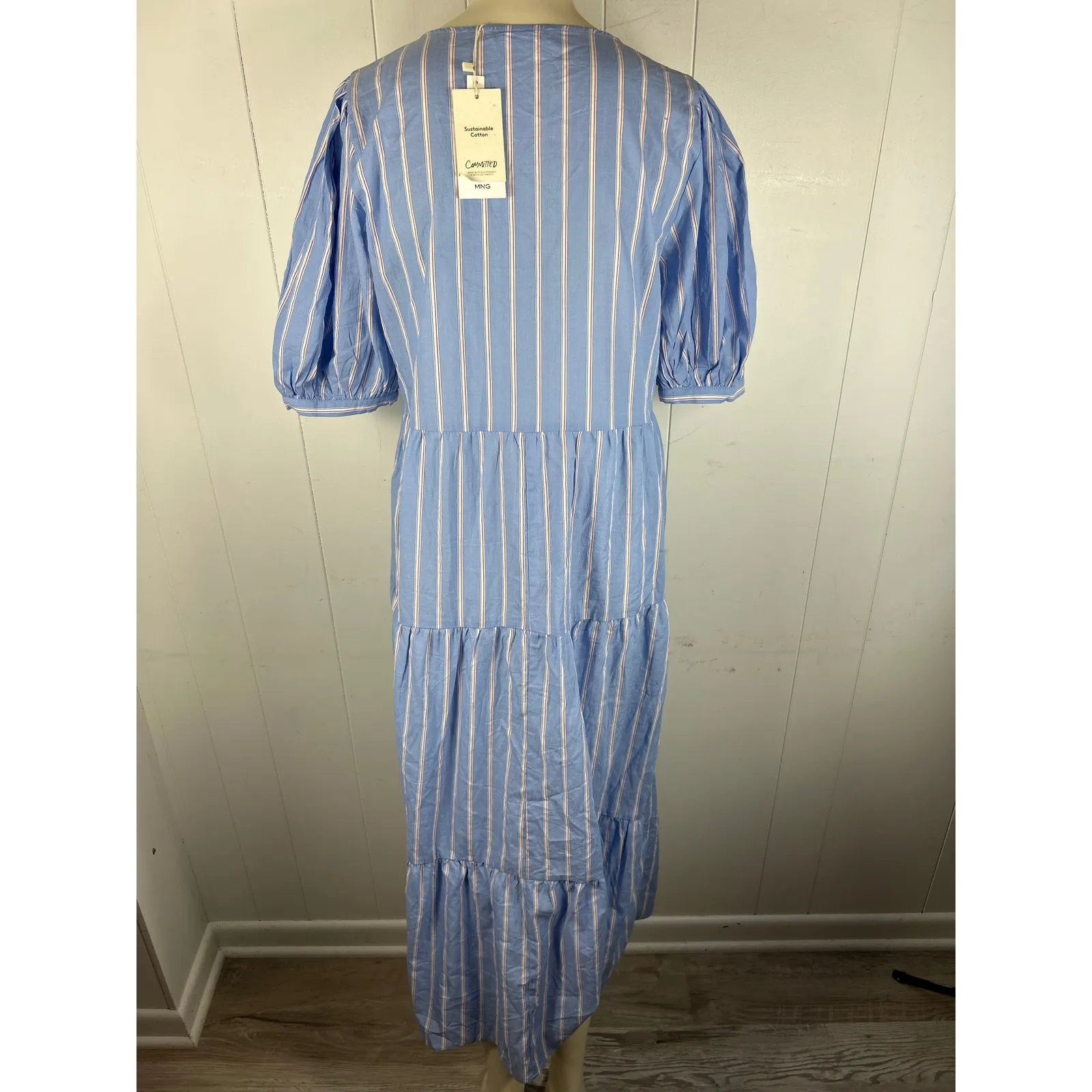 MANGO Women's Striped Cotton Midi Puff Sleeve Dress in Light Blue. Size 6 NWT - Image 4