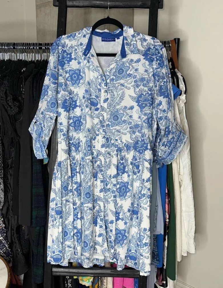RO'S GARDEN Tuckernuck Exclusive Blue Leticia Deauville Floral Cotton Dress Size L - Image 4