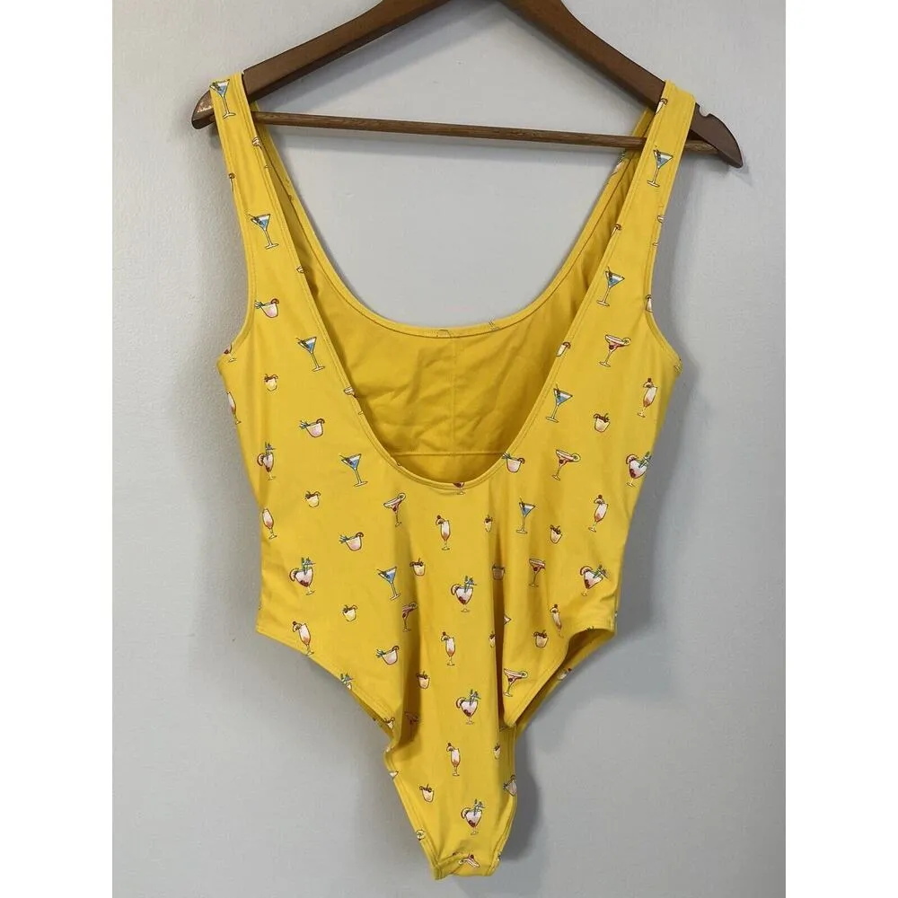 Forever 21 M One Piece Swimsuit Yellow Cocktail Print High Cut EUC No Size Tag - Image 5