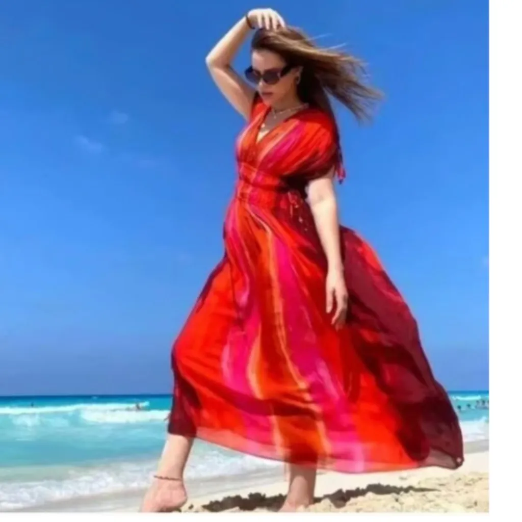 NWT ZARA WOMAN SLEEVELESS V-NECK BEAD APPLIQUES TIE-DYE MIDI DRESS M 7521/253 - Image 2