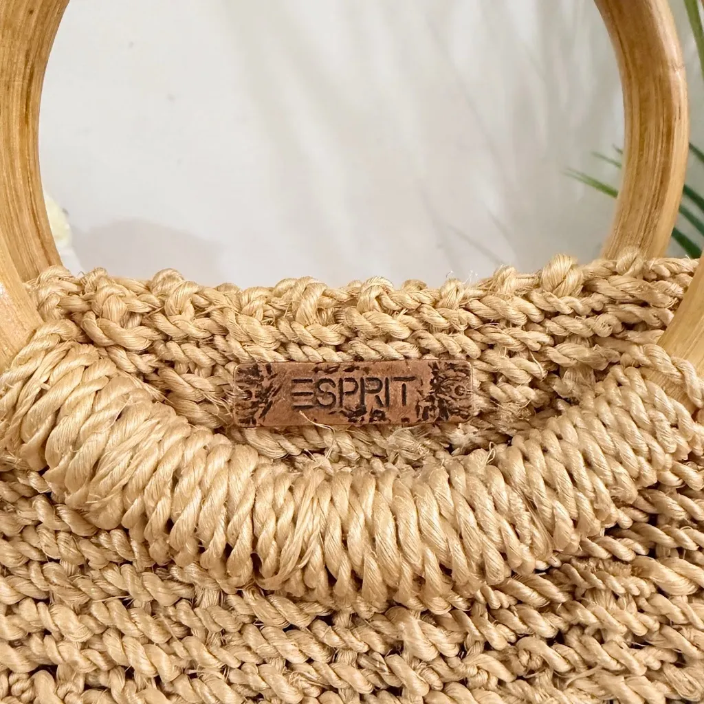Vintage ESPRIT Woven Raffia Crossbody Bag Straw Basket Purse with Circle Handles Tan - Image 9