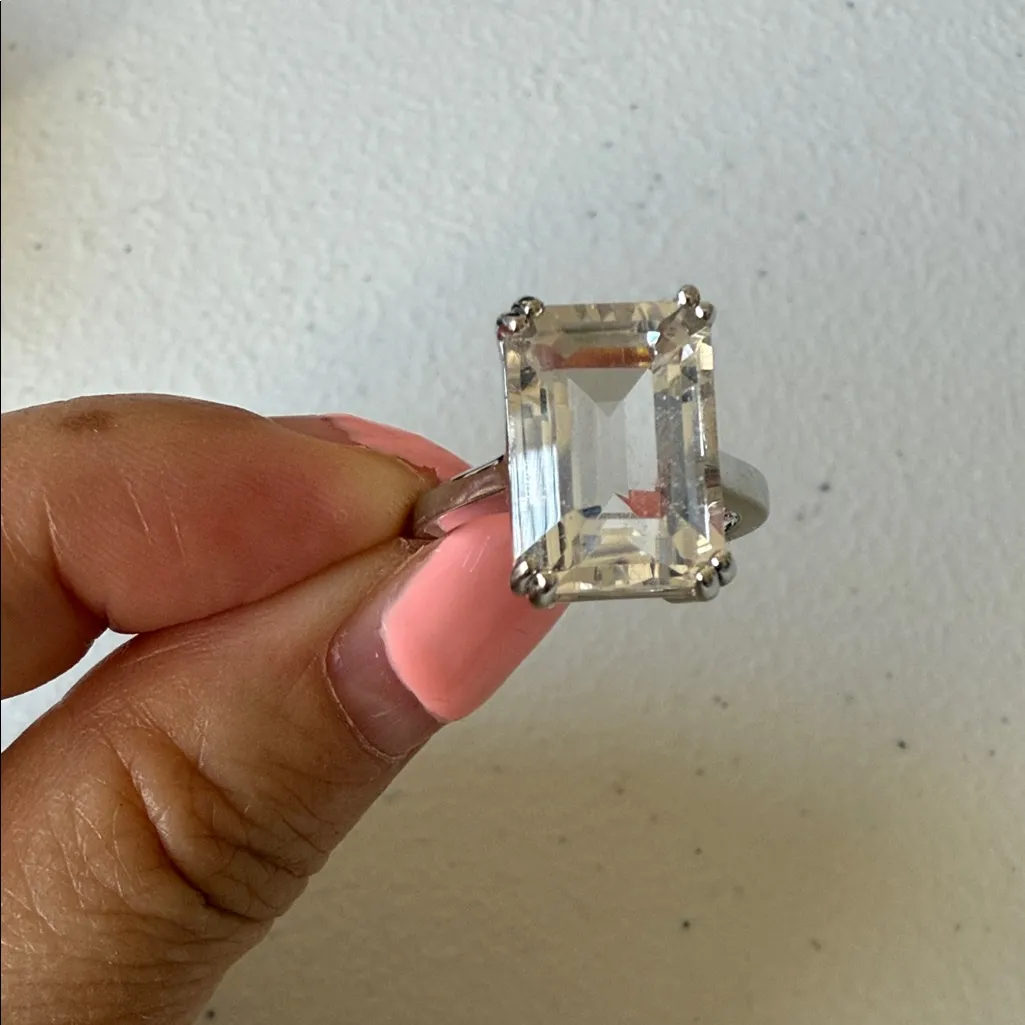 Sterling Silver Ring with emerald cut big White Quartz Stone size 7 - Image 2