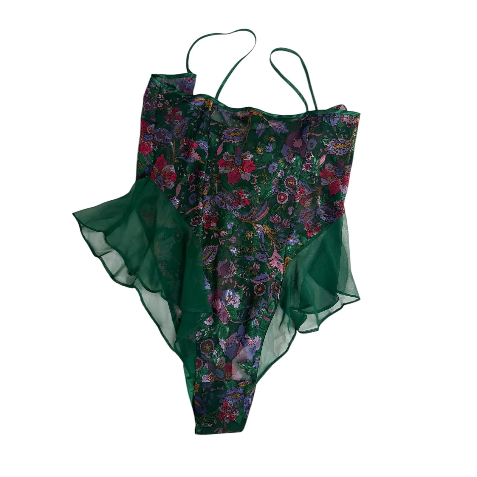 Victoria's Secret Gold Label Vintage Green Floral Sheer Robe Teddy Set - Image 5