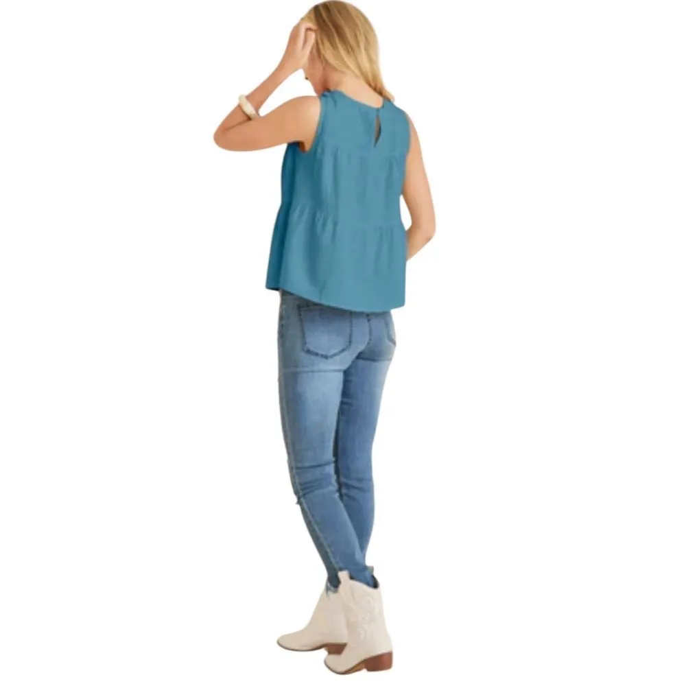 Venus Women's Size L Linen Tiered Tank Top Blue Comfy Cool Beach Resort Vacation - Image 2