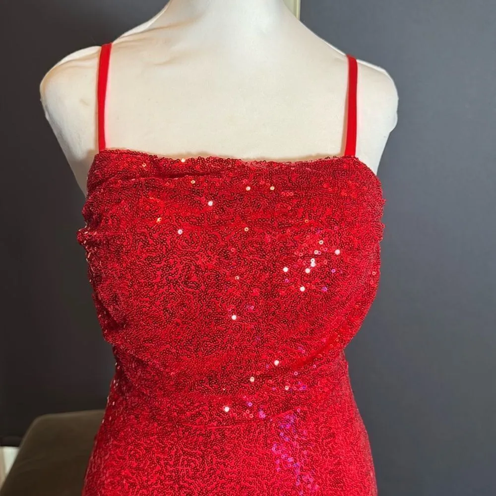Women’s Red Sequined Short Homecoming Party Dress Ruffle Hem Corset Back Size 2 - Image 2