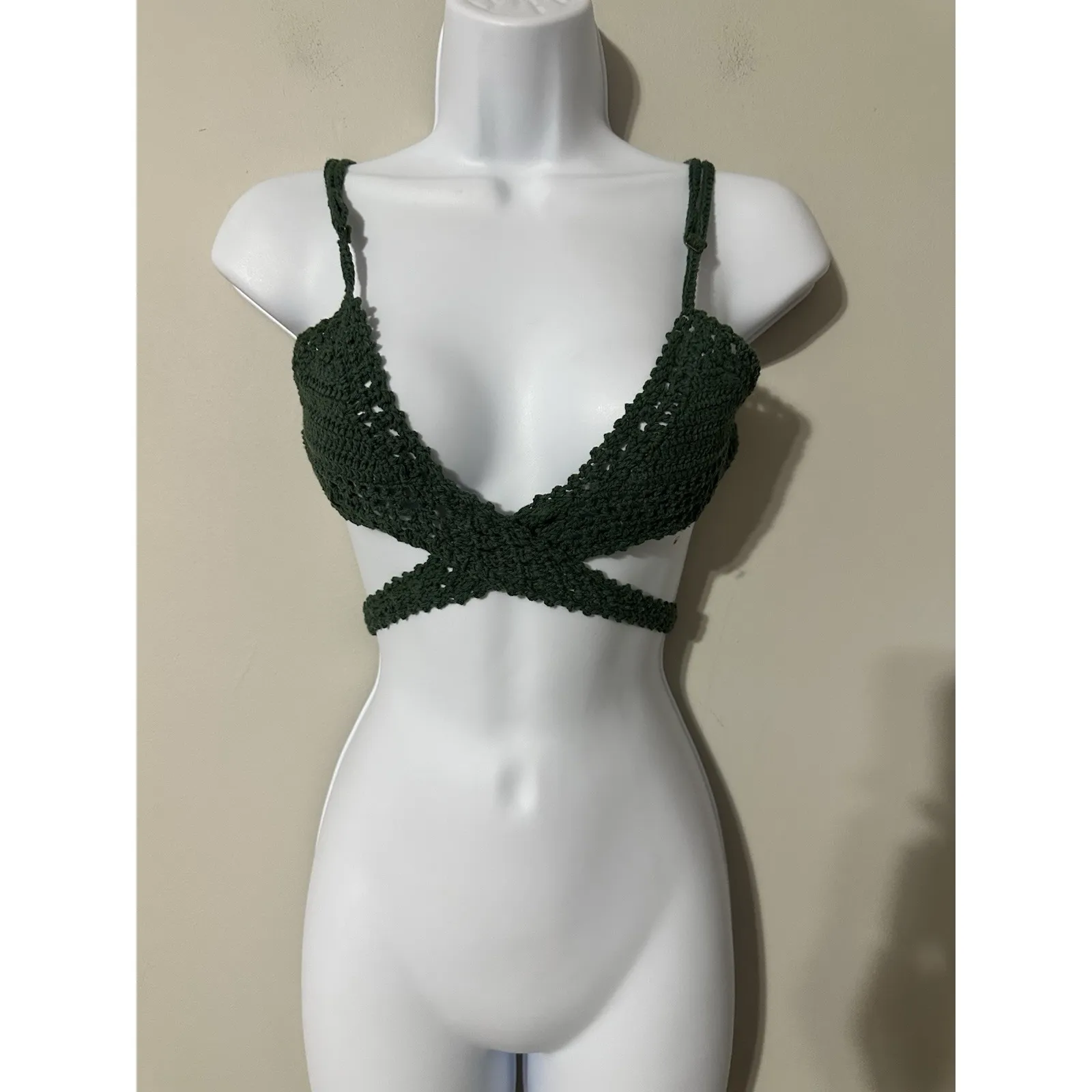 Handmade She Made Me Cotton Crochet Halter Wrap Top Green Boho Bikini Sz M/L Size M - Image 2