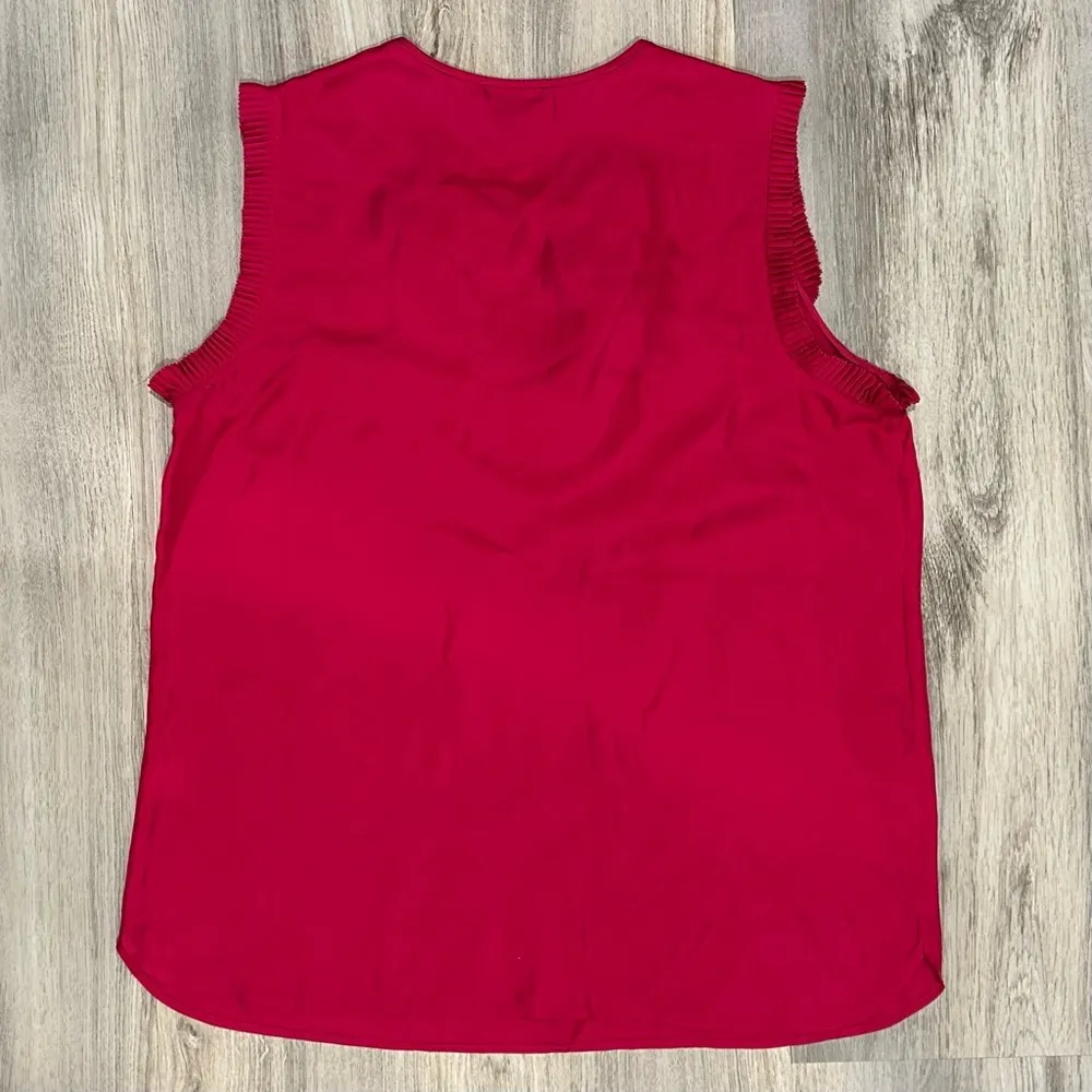 J. Crew 100% Silk Ruffle Neck Sleeveless Top Slit V Neck Hot Pink Size 12 Tall - Image 7