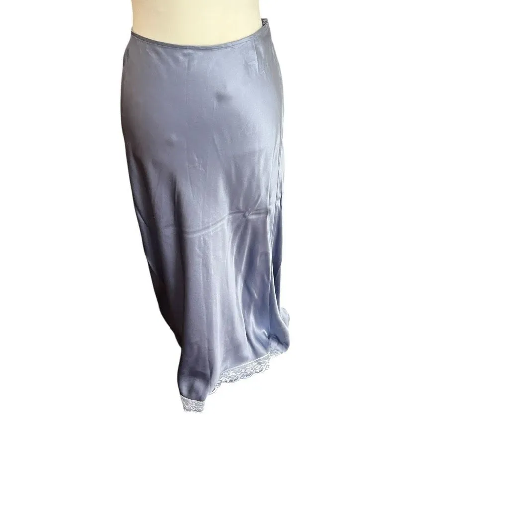 Reformation 100% Silk Slip Skirt Periwinkle Satin Midi Lace Hem Size 12 - Image 2