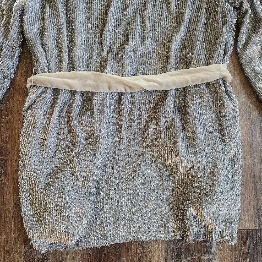 Retrofete Gabrielle Robe Sequin Dress in Silver Size Small Belt Long Sleeve - Image 10