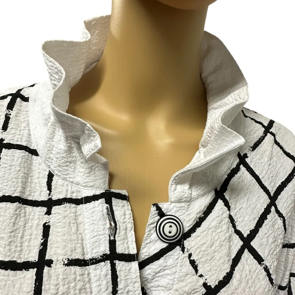 Ali Miles Textured Windowpane Print Button Up Wire Bend Collar Tunic Blouse XL Black - Image 9