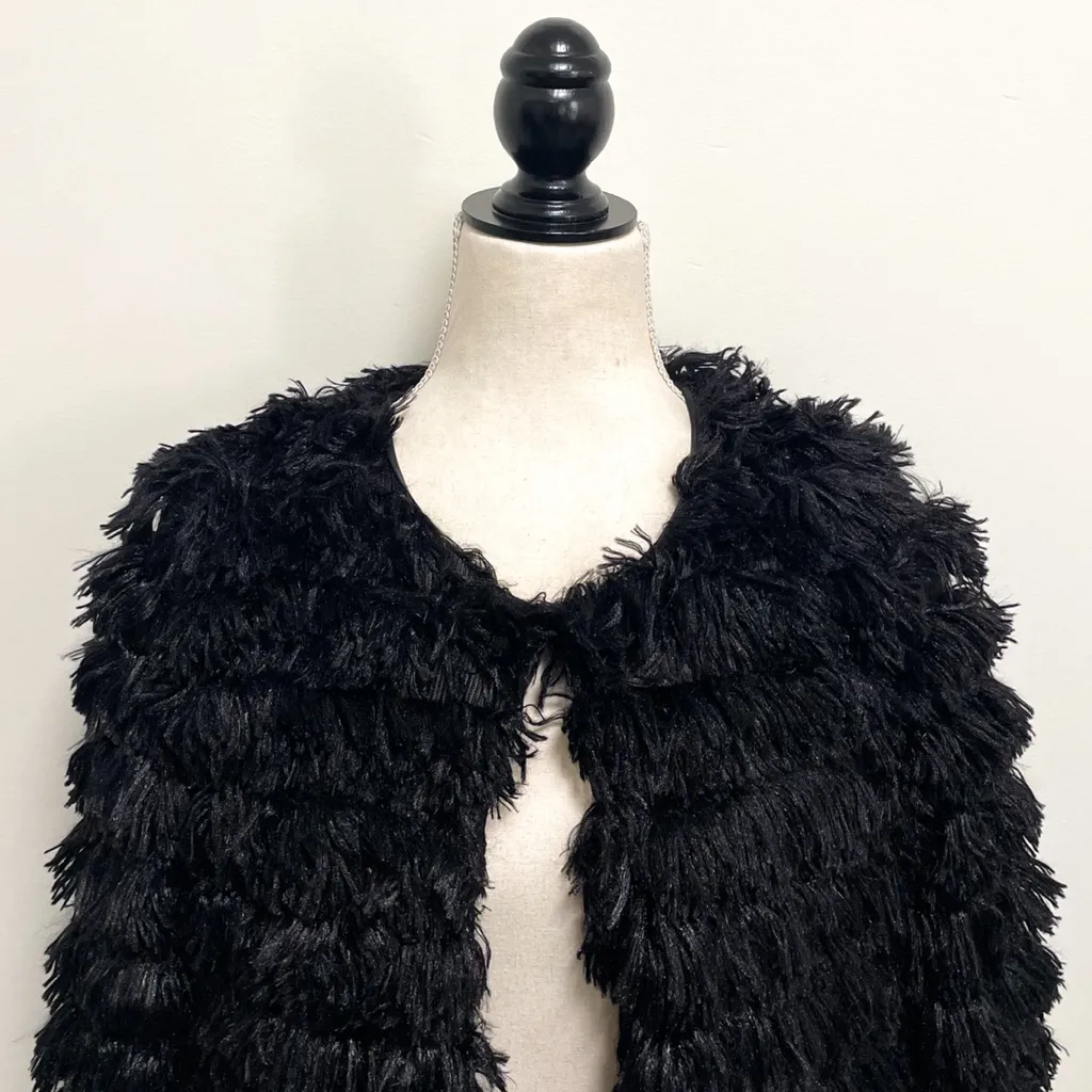 Shein Black Faux Fur Layered Long Sleeve Jacket Cardigan Small Hook Eye Closure - Image 3