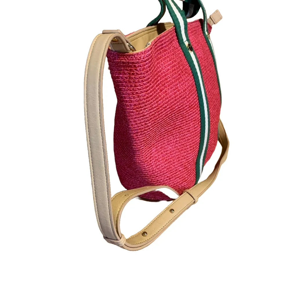 VINTAGE TALBOTS PINK STRAW PAPER TOTE BAG W/GREEN NYLON STRAP & TAN FAUX LEATHER - Image 7