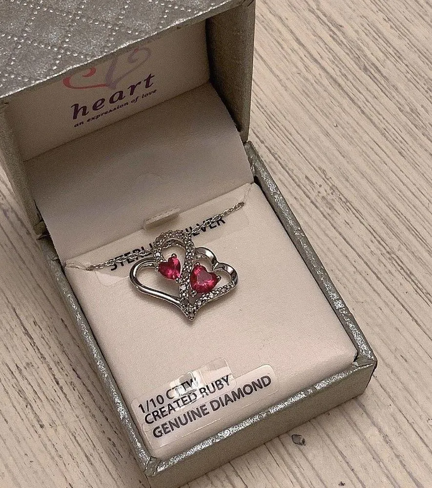 New in Box Sterling Silver Heart Necklace Lab Created Ruby and Genuine Diamonds - Image 3