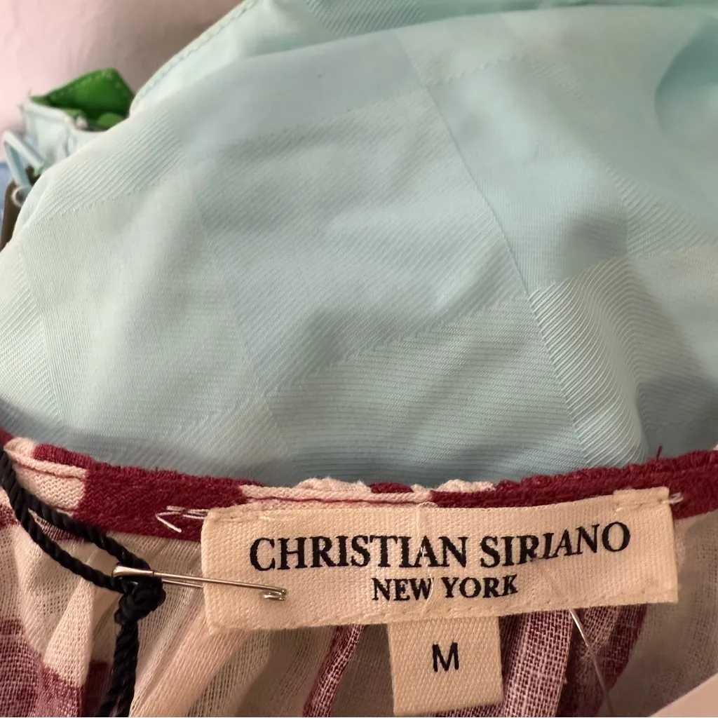 NWT Christian Siriano Puff Sleeve Tie Front Red White Linen Blend Blouse Floral Size M - Image 7