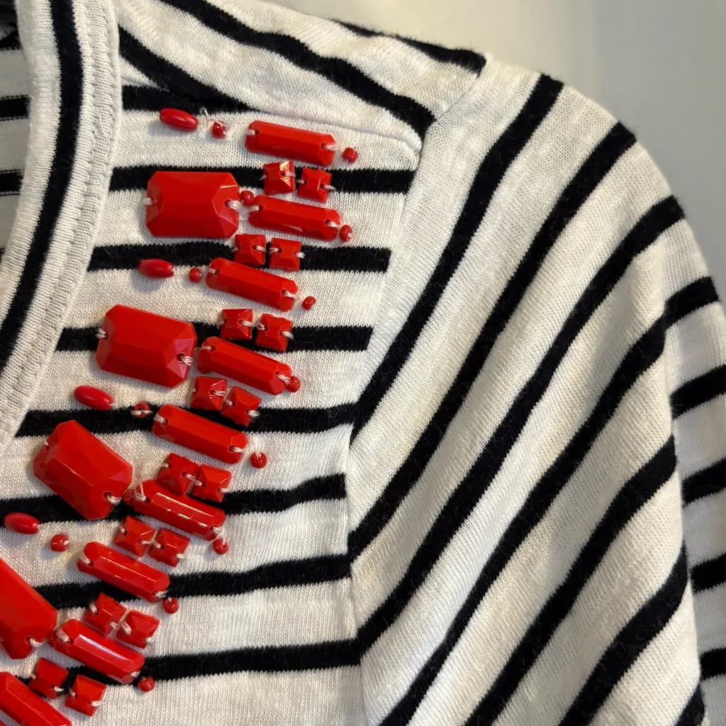 Talbots‎ Striped Black and White Top with Red Beaded Neckline Sz Large Nautical - Image 4