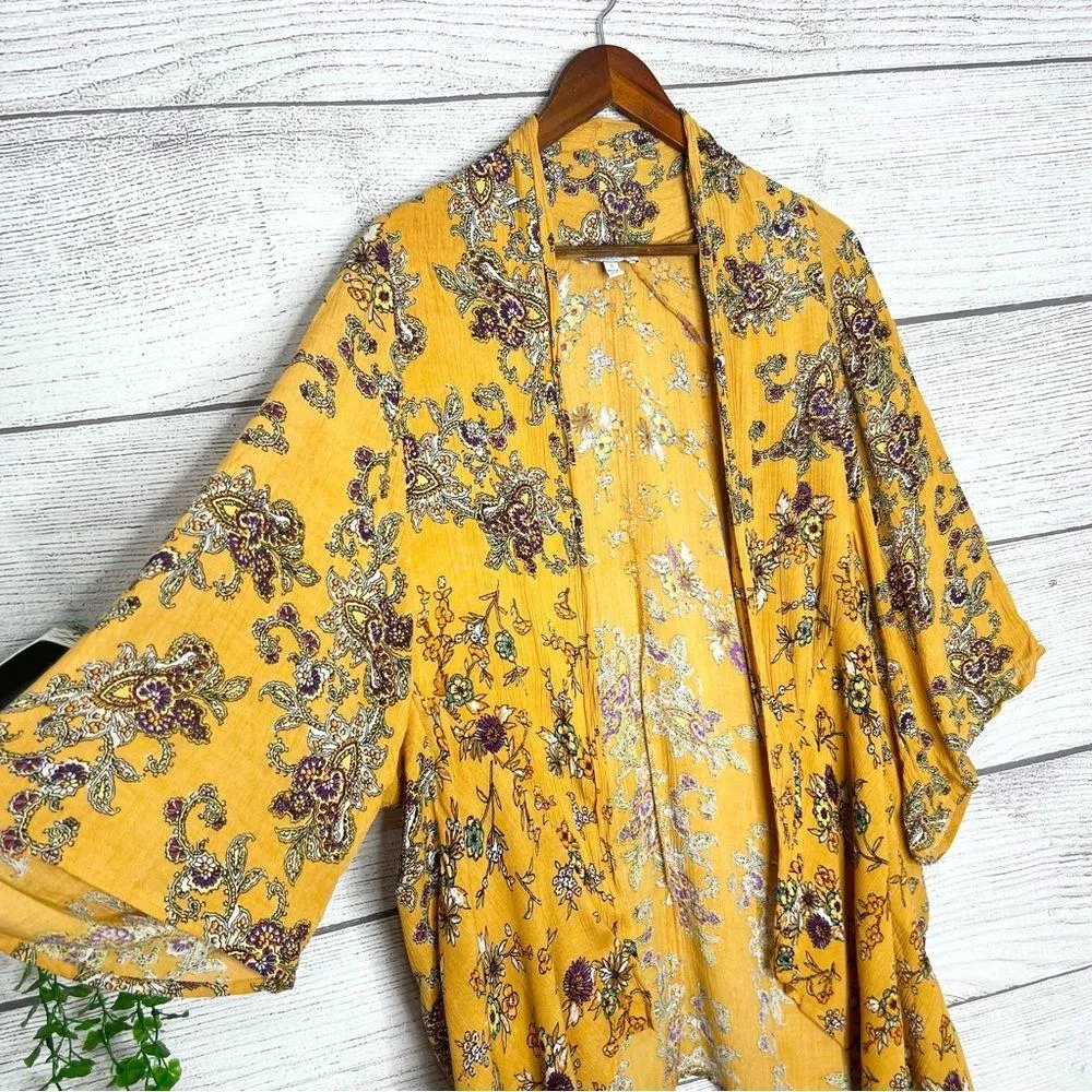 Patrons of Peace Mustard Yellow Boho Floral Kimono Shawl Cover-Up Top Size Small - Image 3