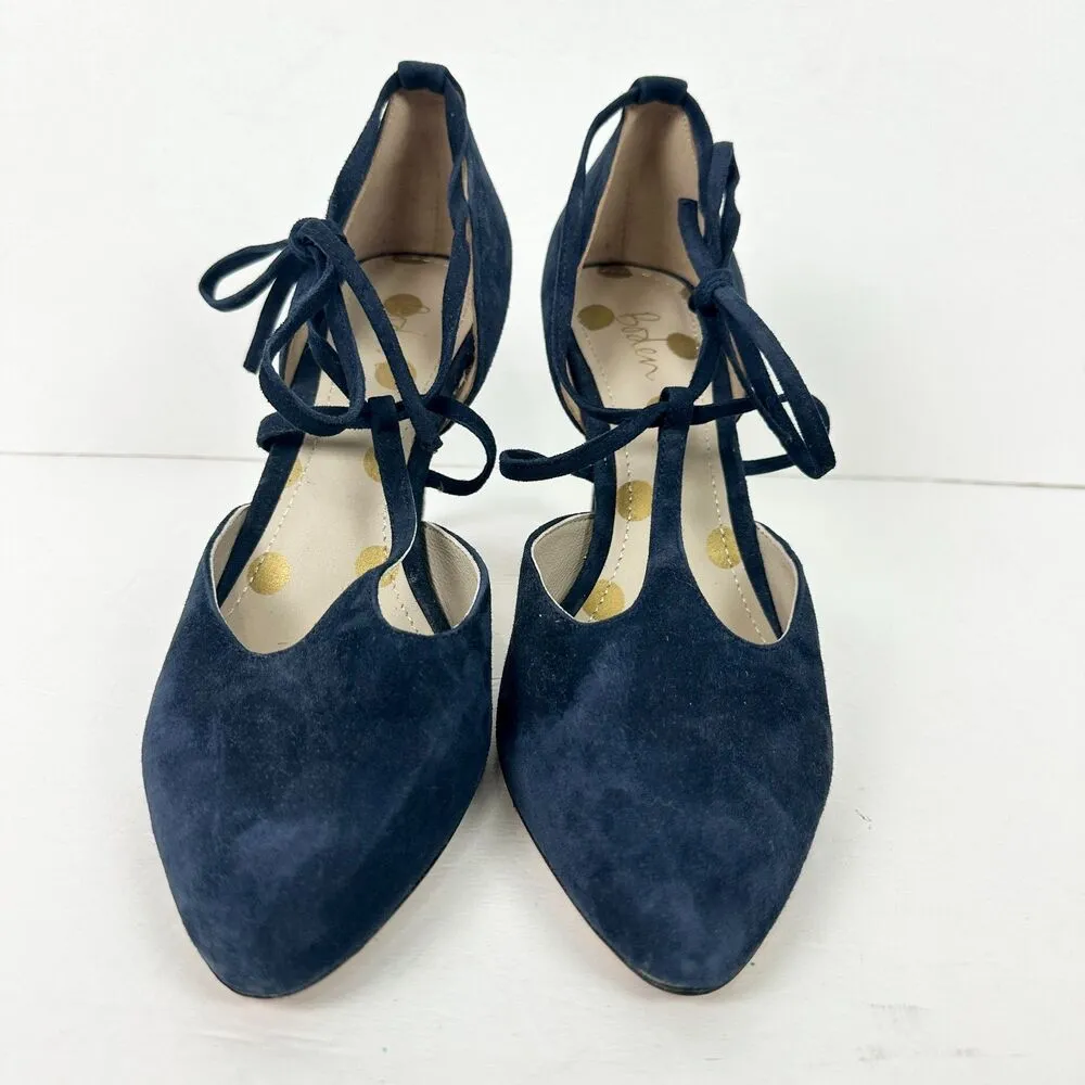 Boden Suede Leather Heels Size 38 US 7 Navy Blue T Strap Bow Tie Detail 3.5 Heel - Image 4
