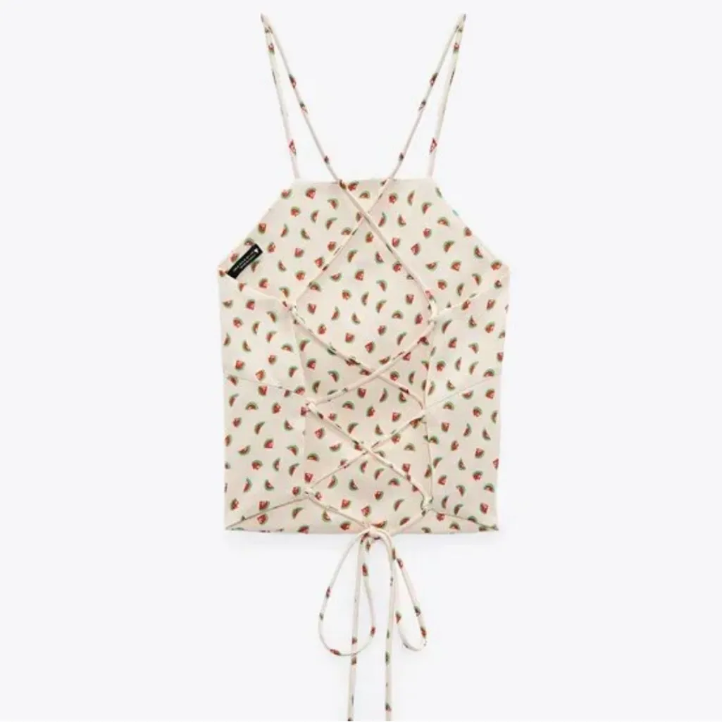 ZARA‎ Watermelon Print Satin Effect Crisscross Lace-Up Tie Back Crop Top Size XS - Image 10