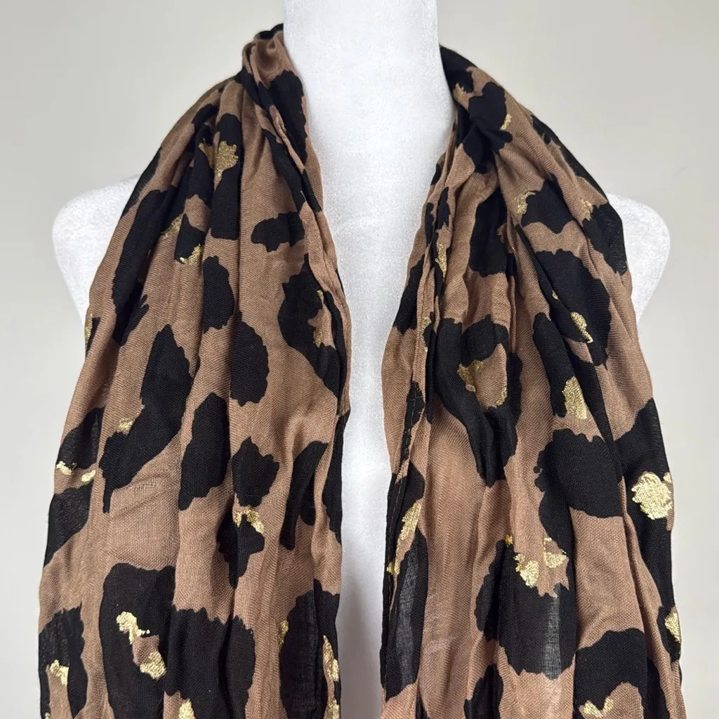 Leopard Spots 27” x 70” Long Scarf Fringe Black Taupe Gold - Image 2