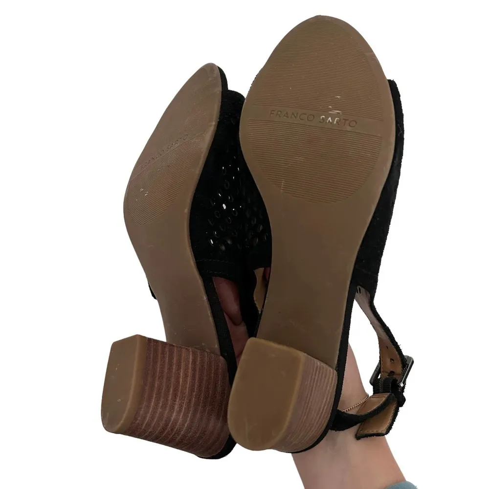 Franco Sarto Black Suede Perforated Peep Toe Slingback Heels Sz 10 - Image 7