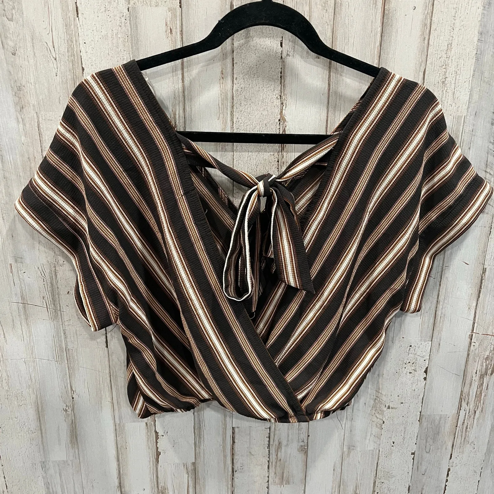 Xhilaration Sexy Vneck Womens Cropped Short Sleeve Y2K Brown Striped Tie Back S - Image 3