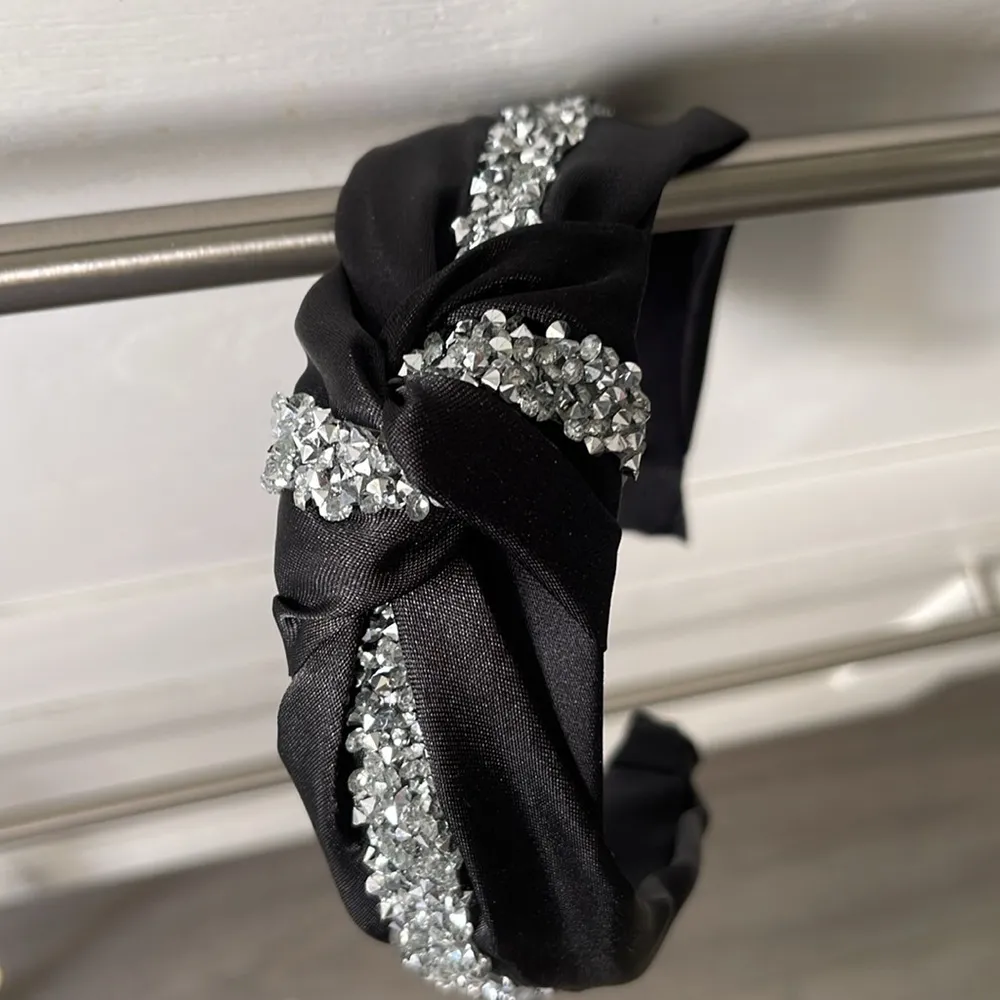 New Bedazzled Black Satin & Silver embellished Headband Center Knot - Image 2
