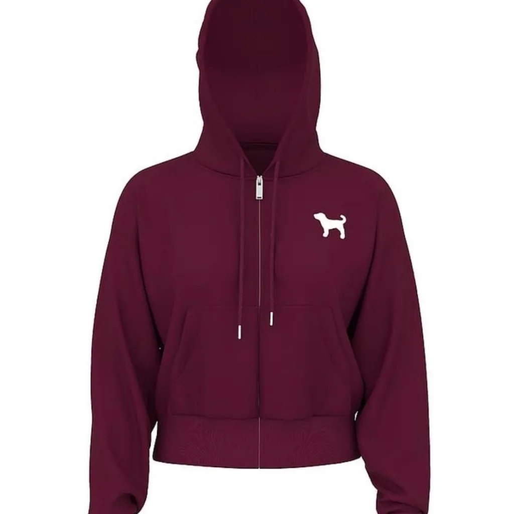 PINK Victorias Secret IVY TERRY SHRUNKEN FULL-ZIP HOODIE Wild Rose Medium Crop - Image 2