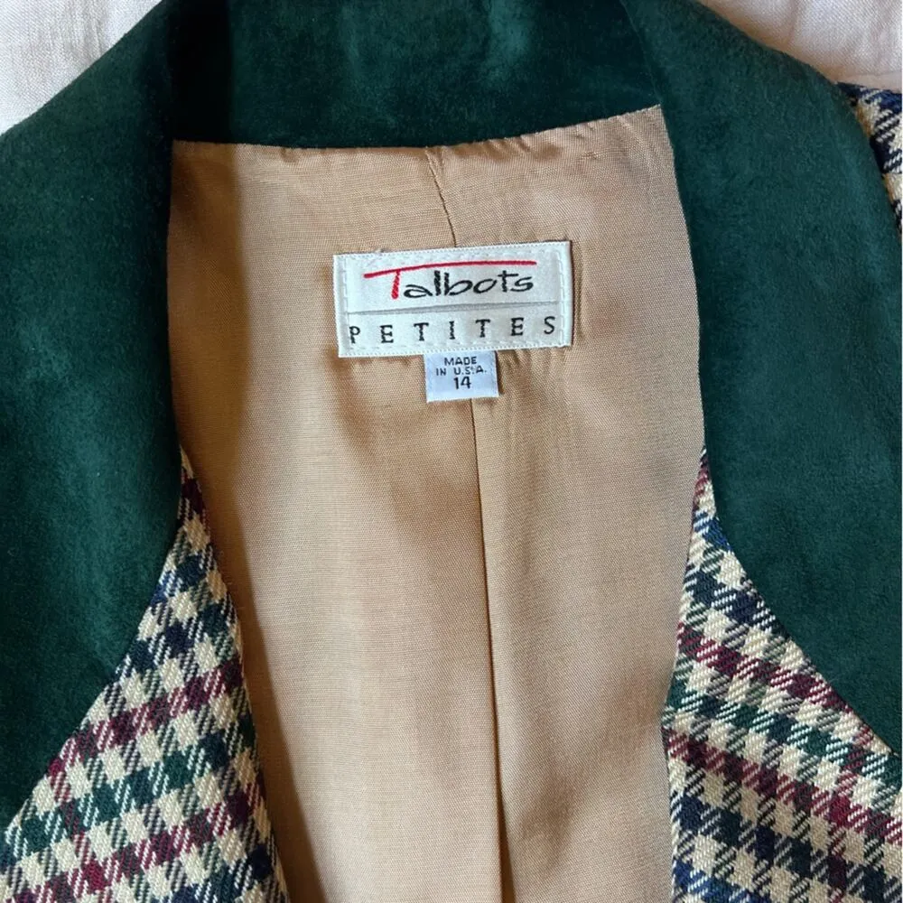Vintage Talbots Green Red Plaid & Green Suede Collar Blazer Holiday Christmas-14 - Image 4