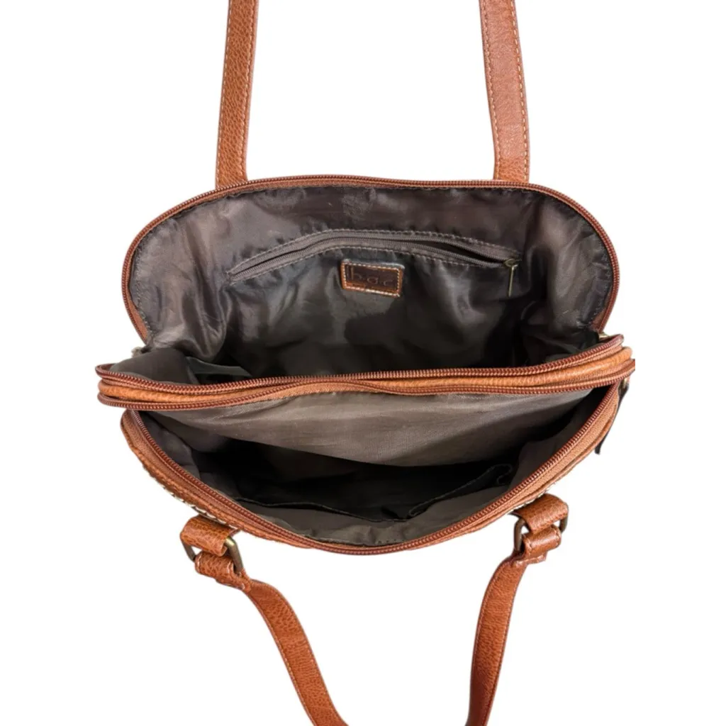 b.o.c. Floral Vinyl Shoulder Bag White Brown Zip Top Tote Purse - Image 6