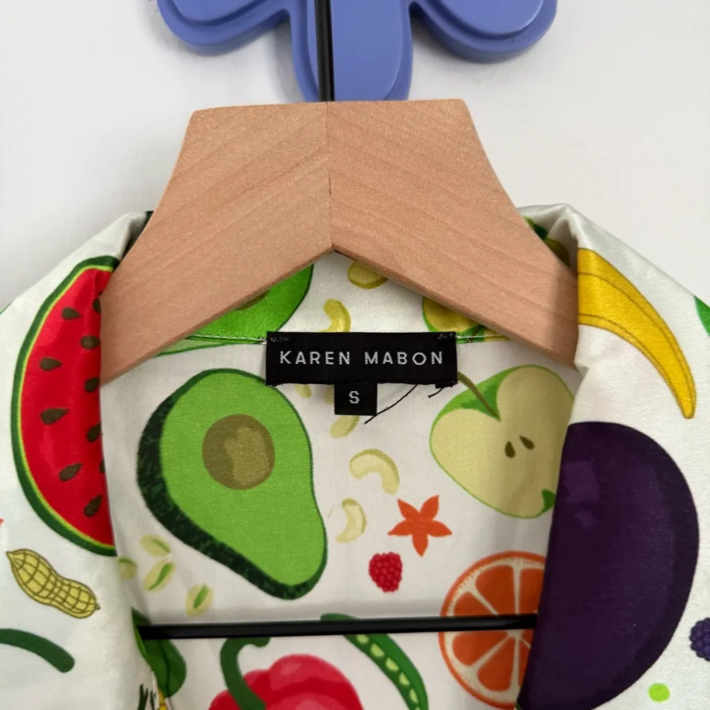 Karen Mabon Small Vegetable Fruit Healthy Print Pajama Shirt Satin Polyester Red - Image 3