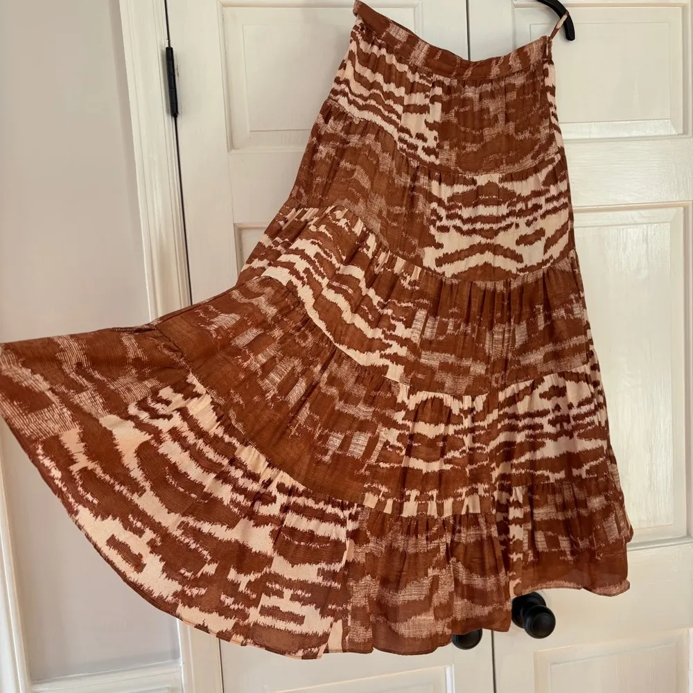 Ulla Johnson Aisa Silk Taffeta Tiered Midi Skirt Fawn Size 2 Ikat Animal Print‎ - Image 9
