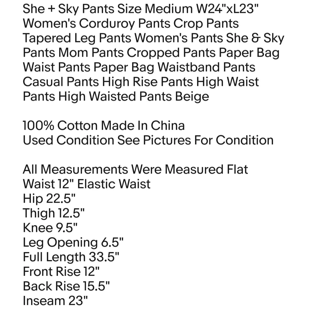 She & Sky  Pants Size Medium W24"xL23" Women's Corduroy Pants Crop Pants Tapered Leg Pants Women's Pants - Image 2