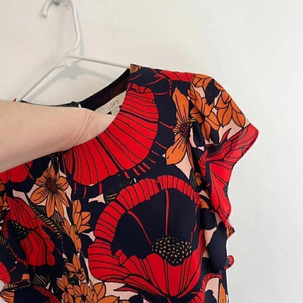 ANN TAYLOR LOFT Autumn Blossom Flutter Dress Red Navy Blue Floral Midi NO BELT - Image 6