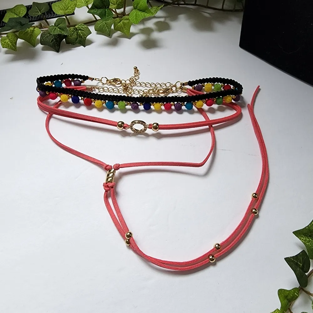 3 Piece Boho Rainbow Pom Pom Choker Necklace Set Pink - Image 4