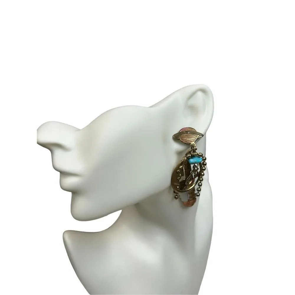 Saxophone, moon and Saturn charm dangle earrings copper gold and blue hue music - Image 6