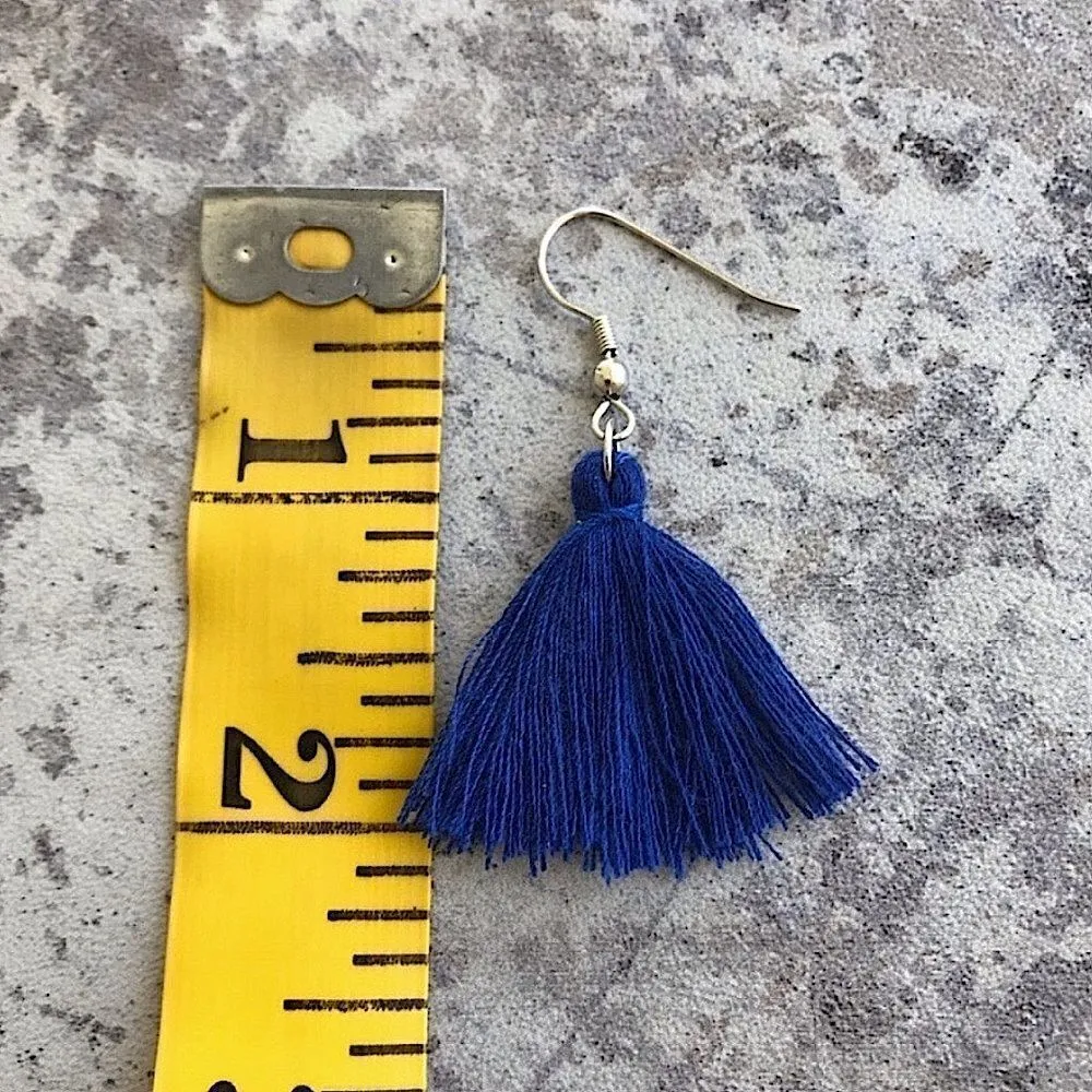 Tassel Earrings Silver Navy Blue Boho Festival Handmade USA Feminine - Image 7