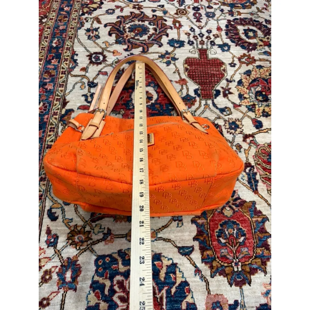 Dooney & Bourke Orange DB Logo Jacquard Satchel Bag Leather Trim Medium Purse - Image 3