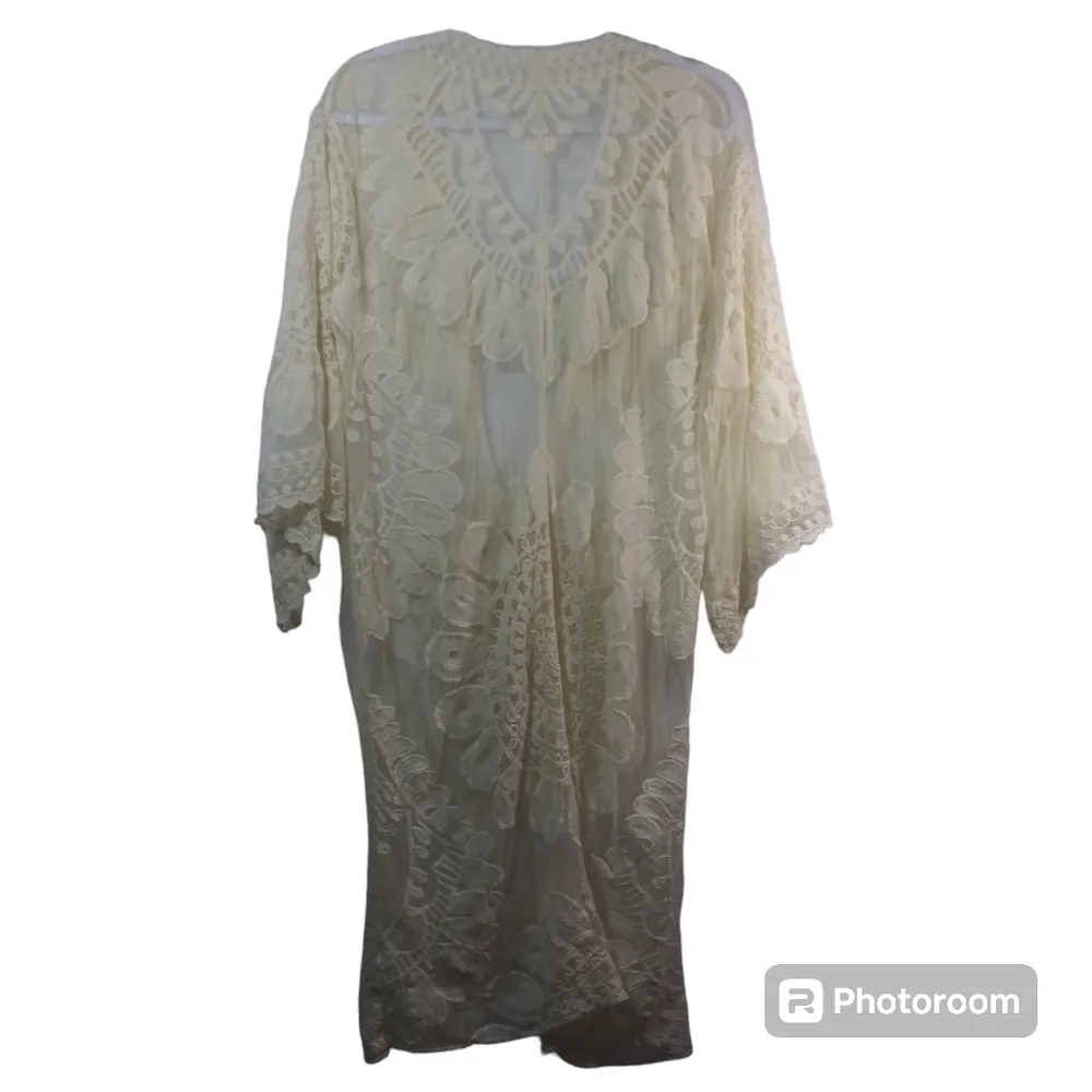 EN CREME Beige Sunflower Lace Sheer Mesh Festival Kaftan Coverup Size XS - Image 3