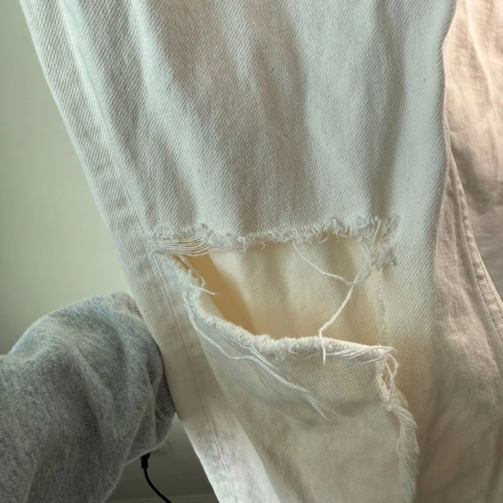 Mango Gabriela High Waist Distressed Knee Wide Leg Button Fly Jeans Ecru Sz 2 - Image 7