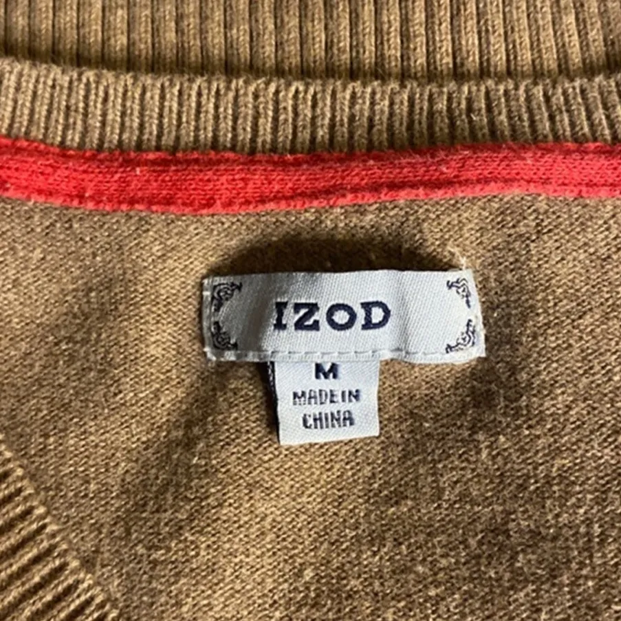 Preppy Retro Argyle Knit Sweater Brown Pink Red V-Neck IZOD Medium - Image 3