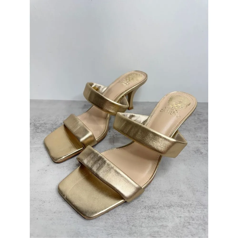Vince Camuto Size 7.5 Gold Leather Square Toe Two Strap Slide Sandal - Image 4