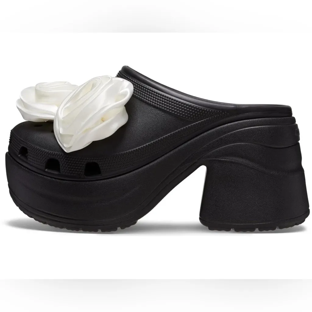 NWT Crocs Siren Rosette Platform Clog Black w/ White Satin Roses Heels W 11 - Image 4