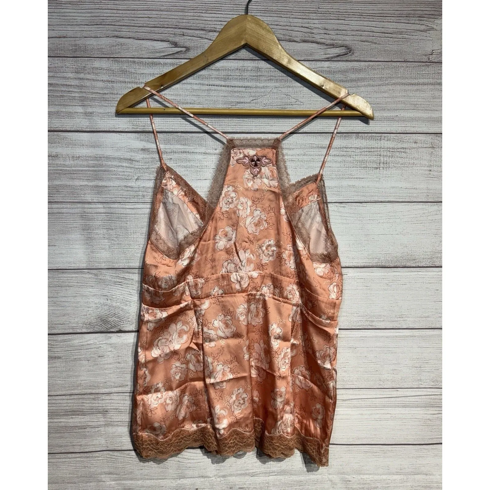 NEW FREE PEOPLE INTIMATELY PEACH/PINK EMBROIDERED SATIN SLEEP CAMI SMALL LACEY - Image 2