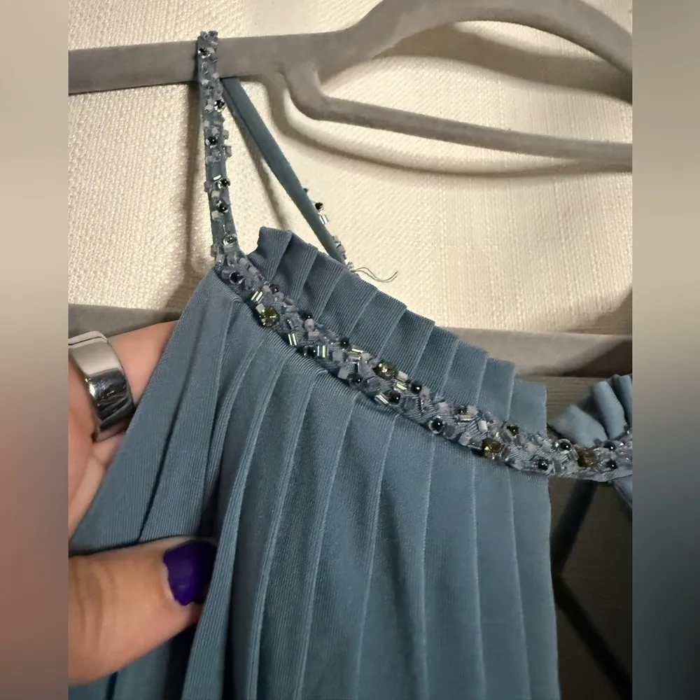 BCBGMaxAzria Blue High Neck Pleated Cross Back Maxi Dress Medium - Image 7