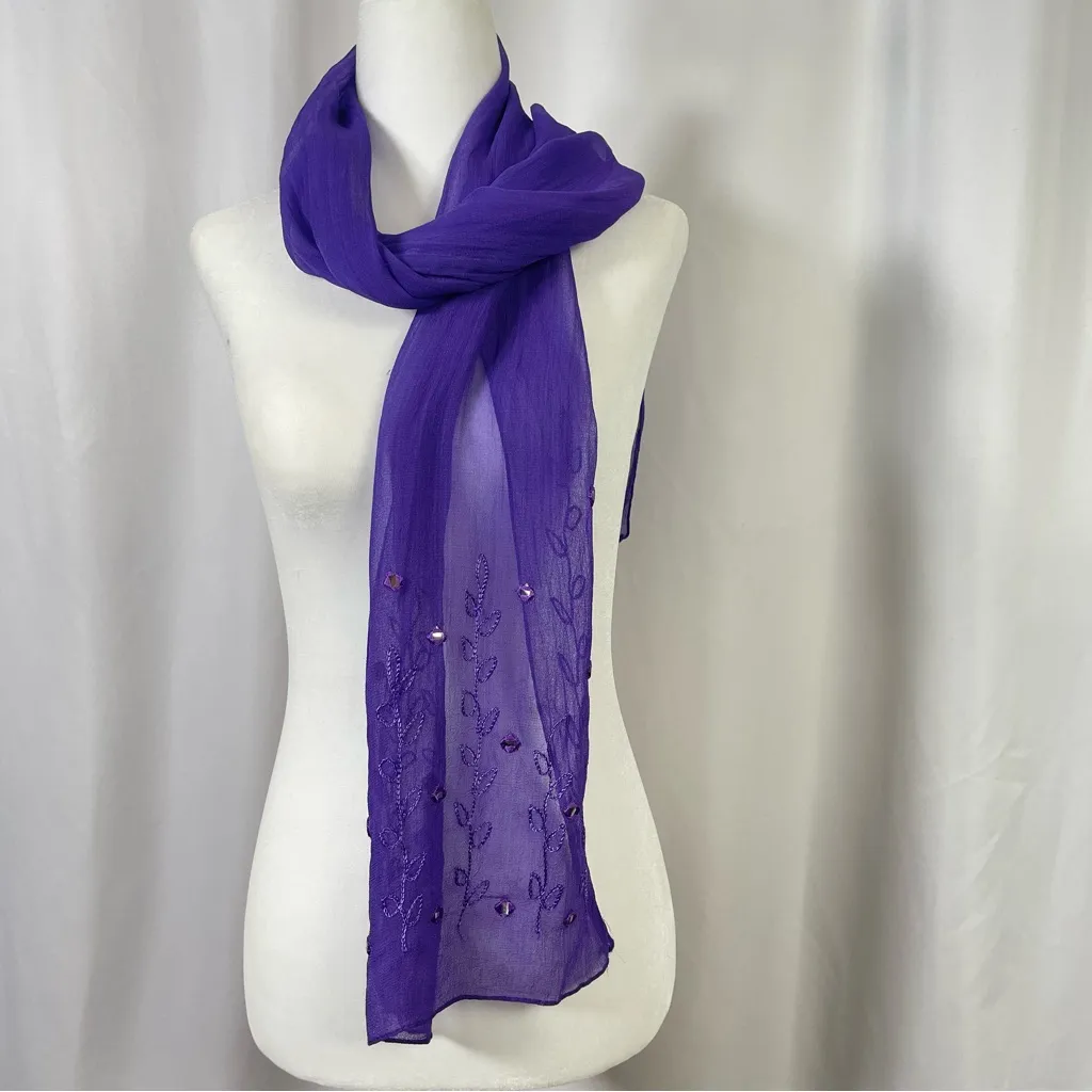 Vintage Embroidered Gauze Jewel Tone Boho Mirror Floral Scarf Shawl Elegant Purple - Image 2