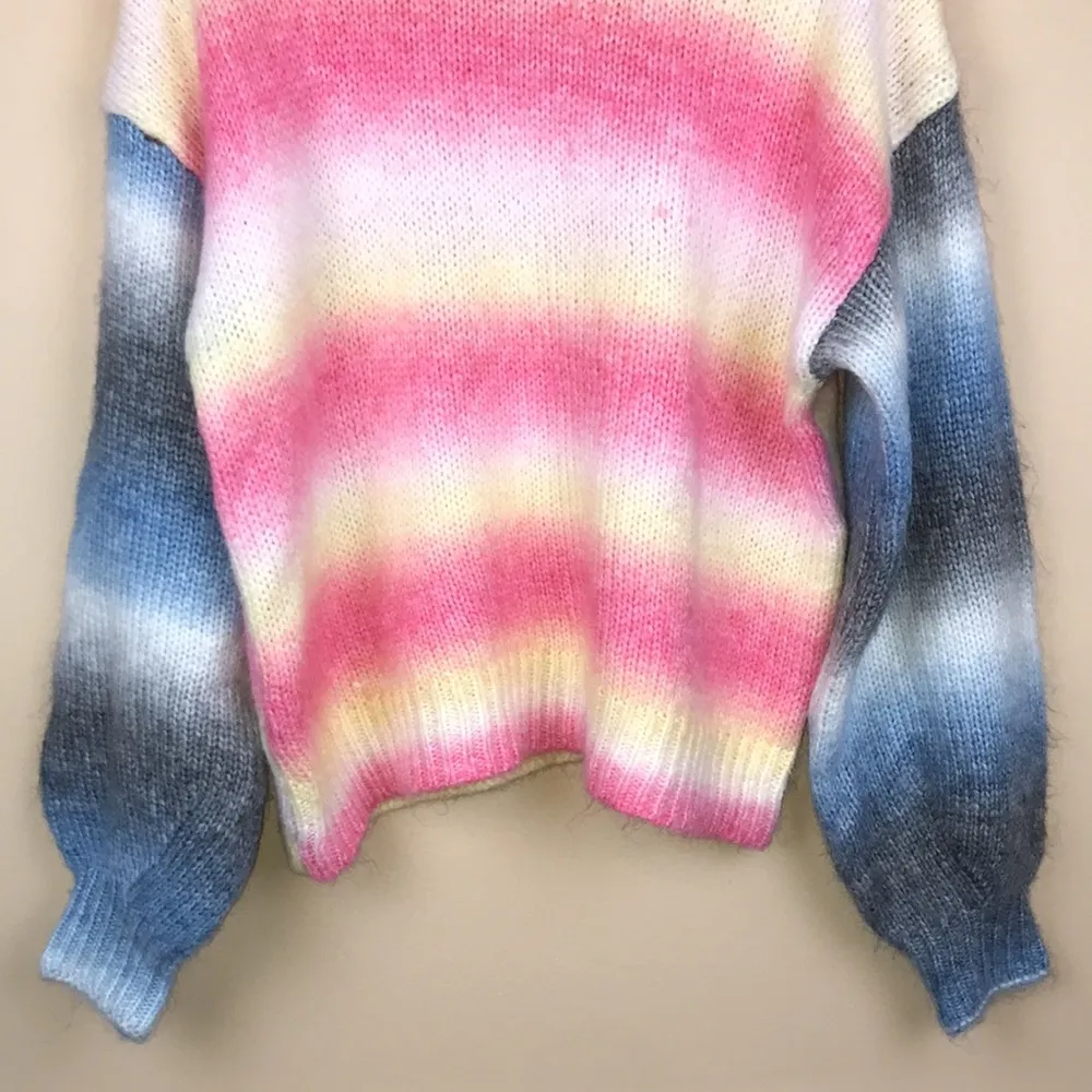 Storia Women’s Multi-Colored Ombré Chunky Knit Balloon Sleeve Crewneck Sweater - Image 3
